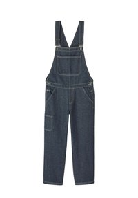 Salopettes en denim bleu foncé, dotées de bretelles réglables, de multiples poches et d'une coupe décontractée. Des accents cousus renforcent la durabilité.