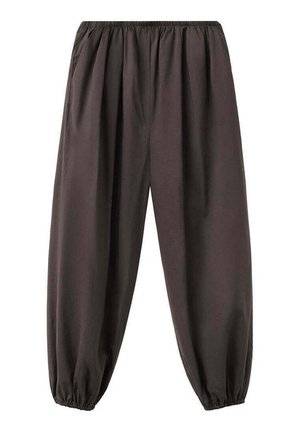 Pantalon ample marron foncé avec taille et poignets élastiques, en tissu doux, conçu pour le confort et un port décontracté.