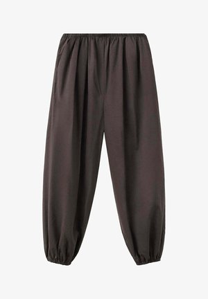 Pantalon ample marron foncé avec taille et poignets élastiques, en tissu doux, conçu pour le confort et un port décontracté.