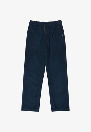 Námornícke modré kordové nohavice s uvoľneným strihom, vybavené elastickým pásom a nastaviteľným sťahovacím šnúrkou, s vertikálnou rebrovanou textúrou.