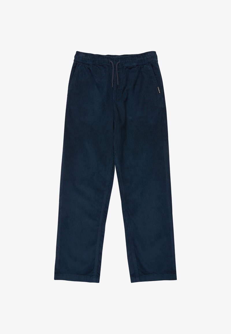 Tmavě modré kordové kalhoty s uvolněným střihem, vybavené elastickým pasem, nastavovací šňůrkou a vertikálním žebrovaným vzorem.