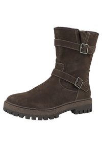 Braune Leder-Stiefelette mit zwei verstellbaren Riemen und metallischen Schnallen. Besitzt eine strukturierte Oberfläche und eine strapazierfähige Gummisohle mit tiefem Profil.