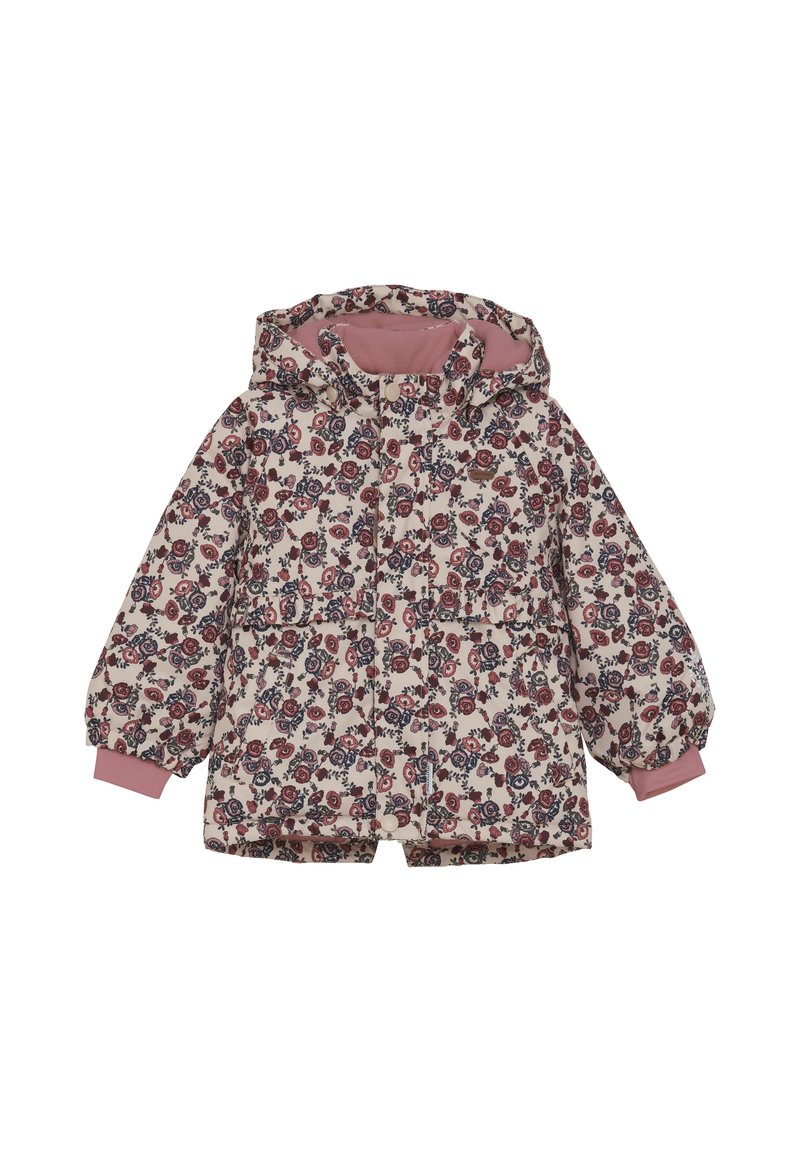 Gepolsterte Blütenjacke mit pinkem Innenfutter und Kapuze. Sie verfügt über lange, gepuffte Ärmel und ein Musterdesign in Rottönen und Blau.