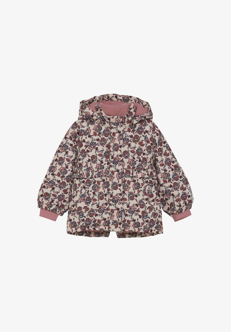 Gevoerde bloemenjas met een roze binnenvoering en capuchon. Beschikt over lange, geplooide mouwen en een patroon in tinten van rood en blauw.