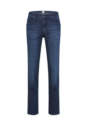 Mørkeblå straight-leg denimjeans med forlommer, knaplukning og subtil falmning på lårene.