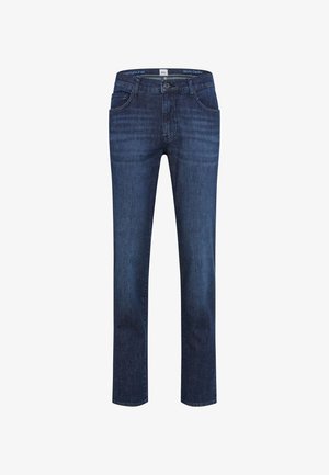 Donkerblauwe rechte spijkerbroek met voorzakken, knoopsluiting en subtiele vervaging op de dijen.