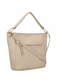 Beige Schultertasche aus strukturiertem synthetischem Material, mit einem oberen Griff, verstellbarem Schulterriemen und einer vorderen Reißverschlusstasche.