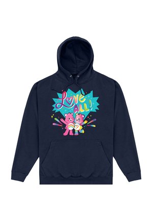 Granatowy hoodie z kieszenią z przodu, ozdobiony kolorową grafiką przedstawiającą dwa kartonowe niedźwiedzie oraz napisem "Kochaj Wszystkich!" z zabawnymi akcentami.