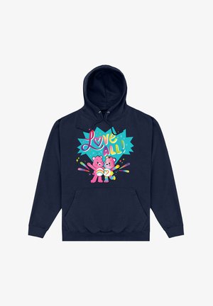 Granatowy hoodie z kieszenią z przodu, ozdobiony kolorową grafiką przedstawiającą dwa kartonowe niedźwiedzie oraz napisem "Kochaj Wszystkich!" z zabawnymi akcentami.