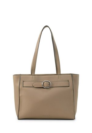 Beige leather tote bag with dual shoulder straps and a decorative horizontal strap with silver buckle on front.