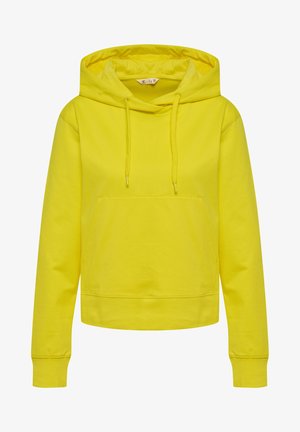 Żółta bluza z kapturem, z kieszenią na przodzie, sznurkiem do regulacji i ściągaczami przy mankietach. Wykonana z miękkiego materiału o gładkiej teksturze.