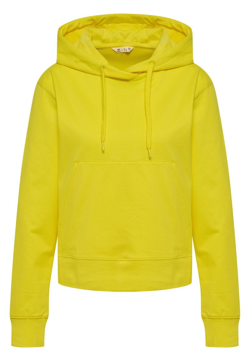 Gelber Kapuzenpullover mit einer Fronttasche, Kordelzug und gerippten Abschlüssen. Hergestellt aus weicher, glatter Stoffqualität.