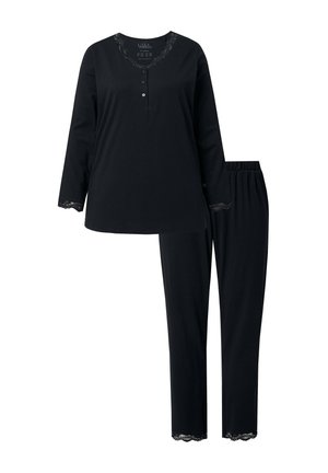 Schwarzes Langarmoberteil mit Spitzensaum am Ausschnitt und an den Manschetten, kombiniert mit passenden schwarzen Hosen mit elastischem Bund und Spitzenakzenten.