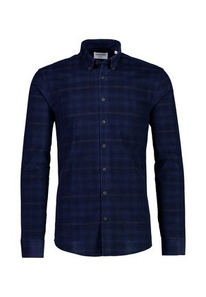 Granatowa koszula zapinana na guziki w kratkę, wykonana z teksturowanej tkaniny. Posiada klasyczny kołnierzyk i długie rękawy z mankietami na guziki.