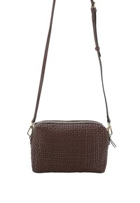 Brown woven handbag with a zip closure, smooth leather strap, and textured surface. Features a structured, rectangular shape.