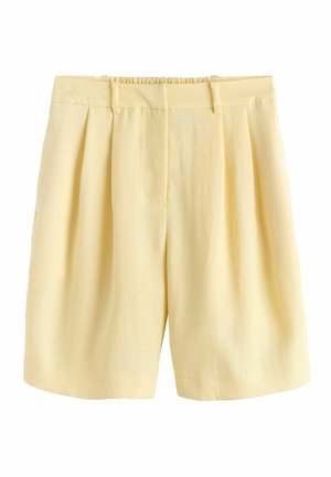 Hellgelbe knielange Shorts mit Falten, Gürtelschlaufen und einem elastischen Bund hinten.