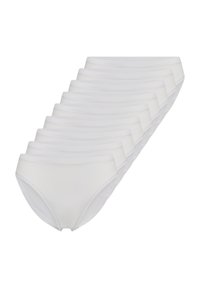 Hvide bomuldsunderbukser arrangeret i en række, med et enkelt design, elastisk talje og blød tekstur. Ti par inkluderet.