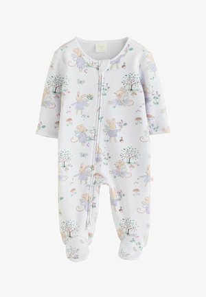 Hvid babydragt med lynlås, dekoreret med pastel-farvede eventyrmus, kaniner, træer, svampe og sommerfugle.