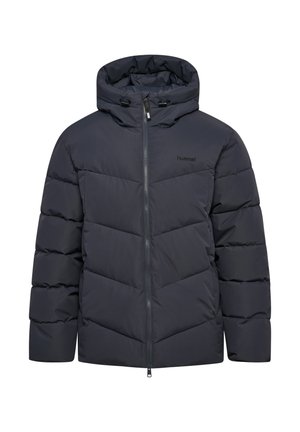 Donkergrijze gewatteerde winterjas met capuchon, rits aan de voorkant, zijzakken en "hummel"-logo op de borst.