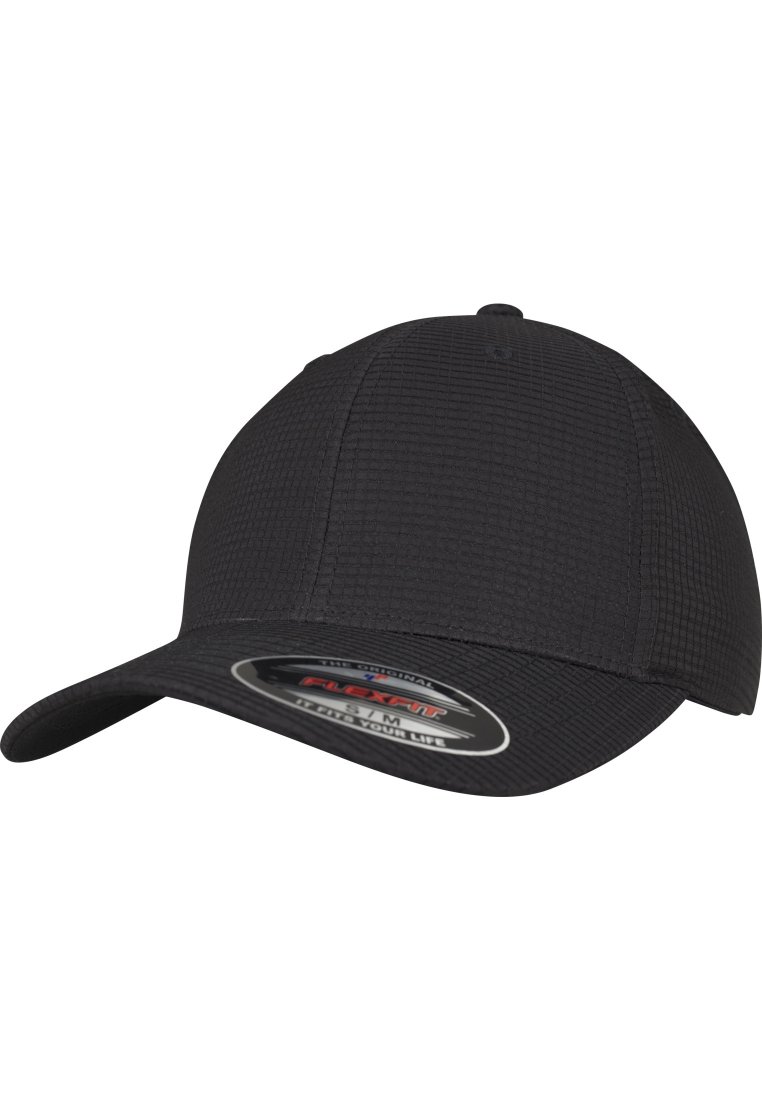 Schwarze Kappe aus strukturiertem Stoff, mit gebogenem Schild, Flexfit-Logo-Patch und strukturiertem Design. Verstellbare Passform, geeignet für verschiedene Kopfgrößen.