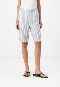 Shorts légers à rayures bleues et blanches, fabriqués en tissu respirant. Dotés d'une taille élastique et d'une coupe décontractée.