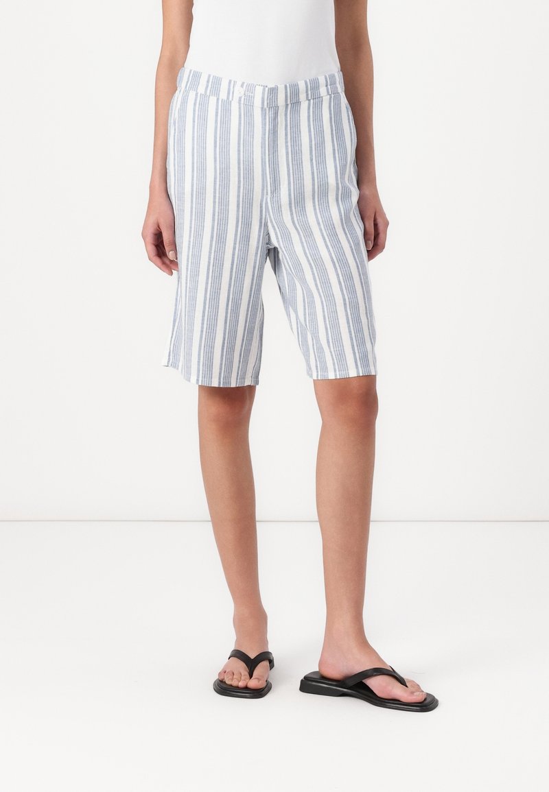 Shorts légers à rayures bleues et blanches, fabriqués en tissu respirant. Dotés d'une taille élastique et d'une coupe décontractée.