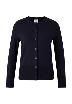 Marineblauer Cardigan aus weichem Strickstoff, mit Rundhalsausschnitt, langen Ärmeln und sechs Knöpfen vorne.