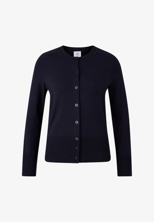 Granatowy kardigan wykonany z miękkiej dzianiny, z okrągłym dekoltem, długimi rękawami oraz sześcioma guzikami z przodu.
