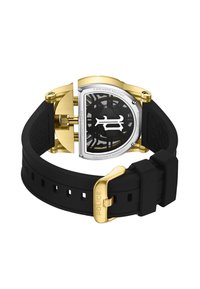 Czarny zegarek na gumowym pasku ze złoconym stalowym stalowym kopertą, z przezroczystą tarczą i skomplikowanym wzorem w wycięciach. Wodoodporny do 5 ATM.