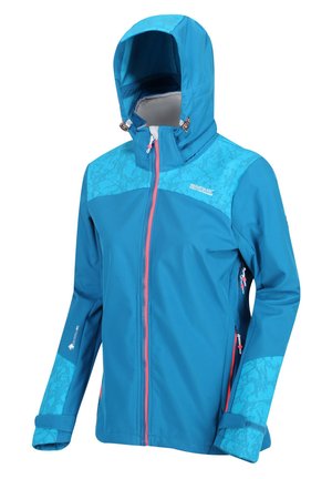 Blauwe outdoorjas met capuchon, met patroon op de schouders en manchetten, roze rits, verstelbare polsbandjes en zijzakken met rits.