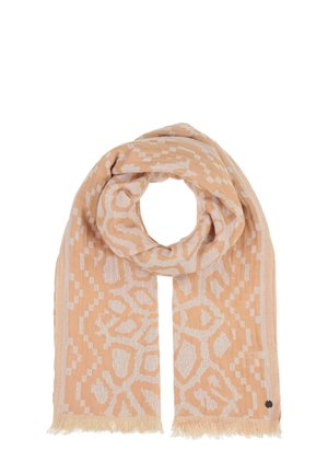 Peach-colored scarf with a textured, patterned design featuring light geometric shapes and subtle fringe accents at the ends.