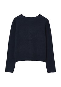 Maglione a maglia blu navy con scollatura tonda, maniche lunghe e orlo corto. Tessuto morbido con dettagli di cucitura minimi.