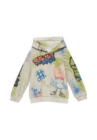 Lichtgrijze hoodie met een grafisch ontwerp dat kleurrijke graffiti-patronen bevat. Het heeft een capuchon met trekkoorden en lange mouwen.