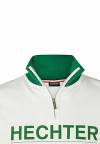 Witte zip-up sweatshirt met een groene binnenste kraag. Kenmerkt zich door groene "HECHTER" tekst en een zilveren rits. Zachte textuur en atletisch ontwerp.