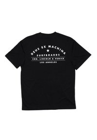 Black cotton t-shirt featuring a large white graphic design on the back, including text, stars, and location details in a curved layout.