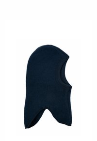 Námořnicky modrá fleecová kukla s zaobleným vrcholem, bočními otvory a strukturovaným povrchem; vybavená bezešvým designem a měkkým, útulným vzhledem.