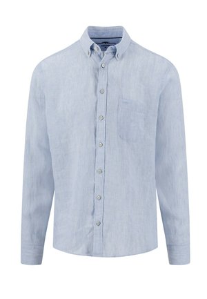Hellblaues, langärmliges Hemd mit Knopfleiste, mit Knopfleiste am Kragen und Brusttasche aus Leinenstoff, in mittlerer Größe.