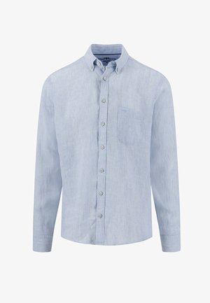 Hellblaues, langärmliges Hemd mit Knopfleiste, mit Knopfleiste am Kragen und Brusttasche aus Leinenstoff, in mittlerer Größe.