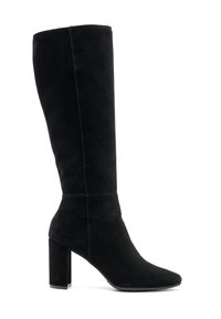 Czarne zamszowe kozaki do kolan z kwadratowym noskiem, blokowym obcasem i minimalistycznym designem. Posiadają pojedynczy szew z przodu.