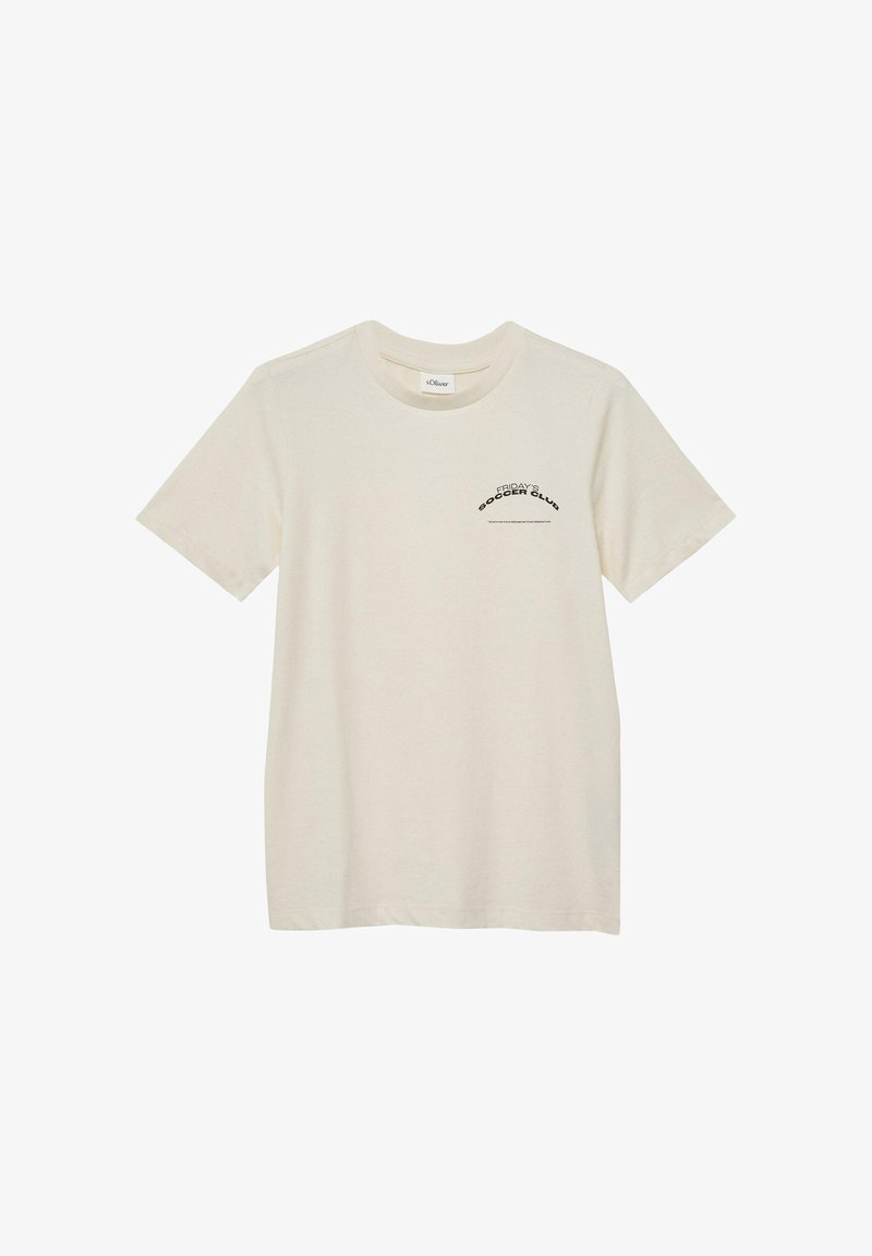 T-shirt blanc cassé à manches courtes avec petit texte noir "FRIDAY'S SOCCER CLUB" sur la poitrine gauche, col rond, design simple.