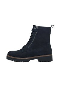 Bottine en daim bleu marine foncé avec lacets et fermeture éclair sur le côté. Caractéristiques d'un dessus texturé, d'une semelle robuste et d'un revêtement en cuir marron contrastant autour de la base.