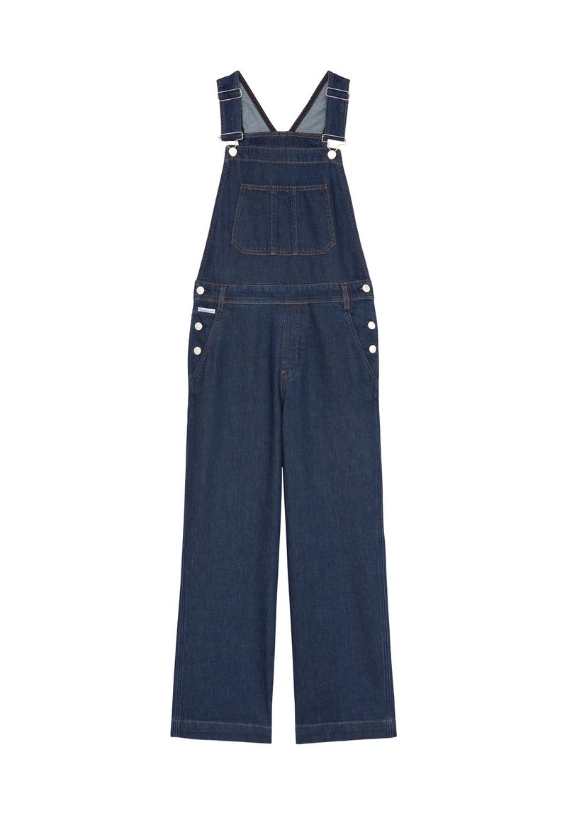 Denim overalls with wide legs, adjustable straps, front pocket, and side buttons in a dark wash. Features simple stitching detail.