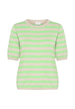 Pruhovaná pletená košeľa vo svetlej béžovej a jasne zelenej farbe. Krátke puff rukávy a okrúhly výstrih. Hladká textúra s voľným strihom.