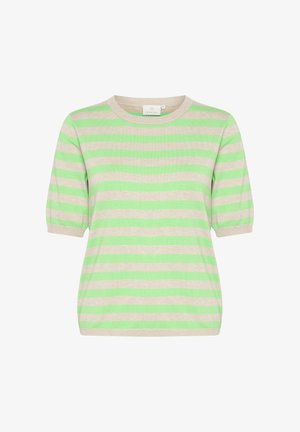 Chemise en tricot rayée de couleur beige clair et vert vif. Manches courtes bouffantes et col rond. Texture lisse avec une coupe décontractée.