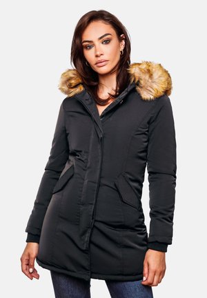 Black parka with a faux fur hood, featuring a zip closure, side pockets, and ribbed cuffs. Smooth texture and knee-length design.