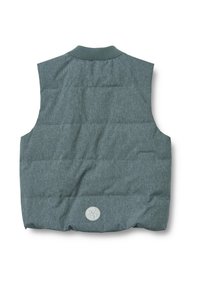 Gilet imbottito senza maniche in teal melange con colletto a costine. Presenta un accento logotipo circolare sul retro. Materiale texturizzato e caldo.