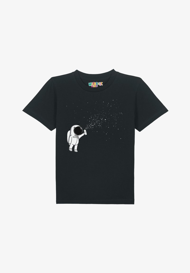 Schwarzes Baumwoll-T-Shirt mit einer weißen Astronautengrafik, die eine Sprühdose hält, aus der weiße Glitzereffekte hervorgehen. Kurzärmlig, Rundhalsausschnitt.