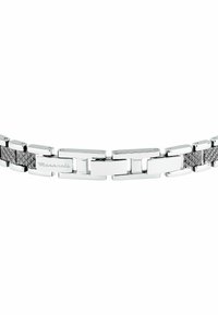 Bracciale in metallo con anelli in argento lucido alternati a segmenti grigi texture, caratterizzato da un motivo geometrico sulle sezioni grigie.