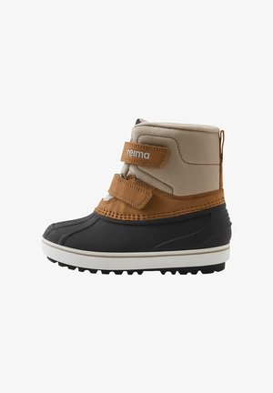 Wasserfeste Winterstiefel mit einer schwarzen Gummisohle, einem beigen Textilobermaterial, braunen Lederelementen und zwei Velcro-Riemen für einen sicheren Sitz.