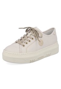 Beige Leinensneaker mit runder Spitze, strukturiertem Gummisohle und flachen Schnürsenkeln. Verfügt über ein rundes Logo an der Seite und minimalistische Designelemente.